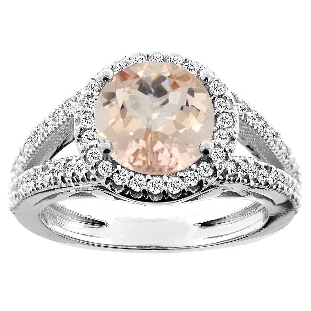 14K White/Yellow/Rose Gold Natural Morganite Ring Round 8mm Diamond Accent, sizes 5 - 10