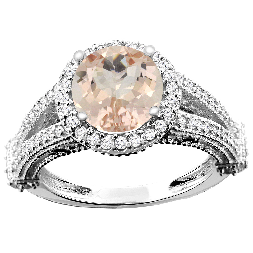 10K White/Yellow/Rose Gold Natural Morganite Ring Round 8mm Diamond Accent, sizes 5 - 10