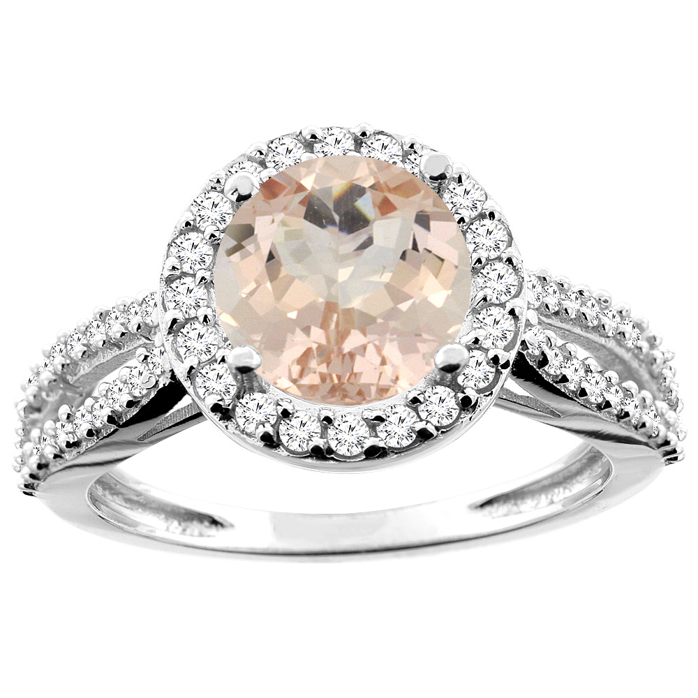 14K White/Yellow/Rose Gold Natural Morganite Ring Round 8mm Diamond Accent, sizes 5 - 10