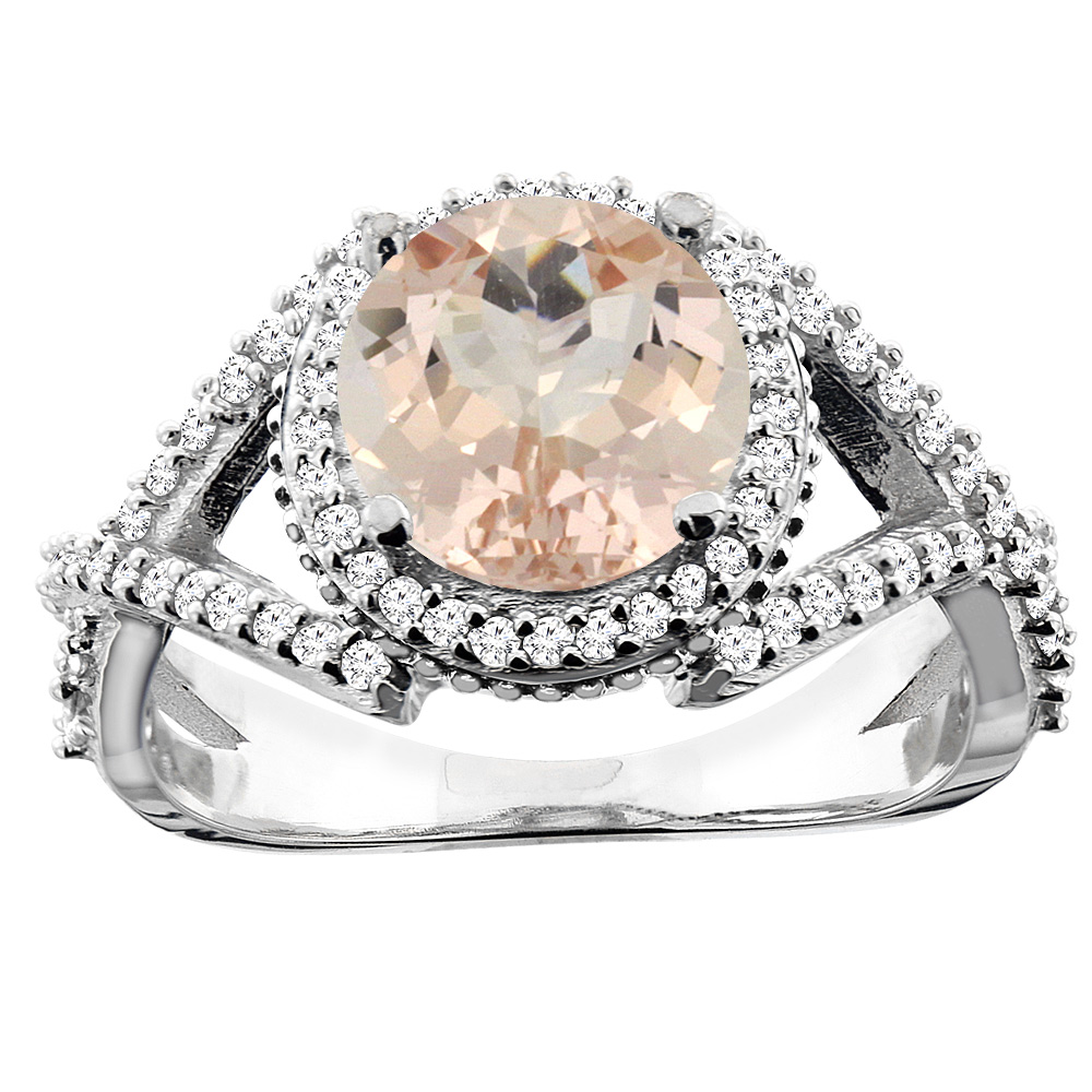 14K White/Yellow/Rose Gold Natural Morganite Ring Round 8mm Diamond Accent, sizes 5 - 10