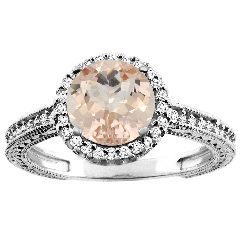 10K White/Yellow/Rose Gold Natural Morganite Ring Round 7mm Diamond Accent, sizes 5 - 10