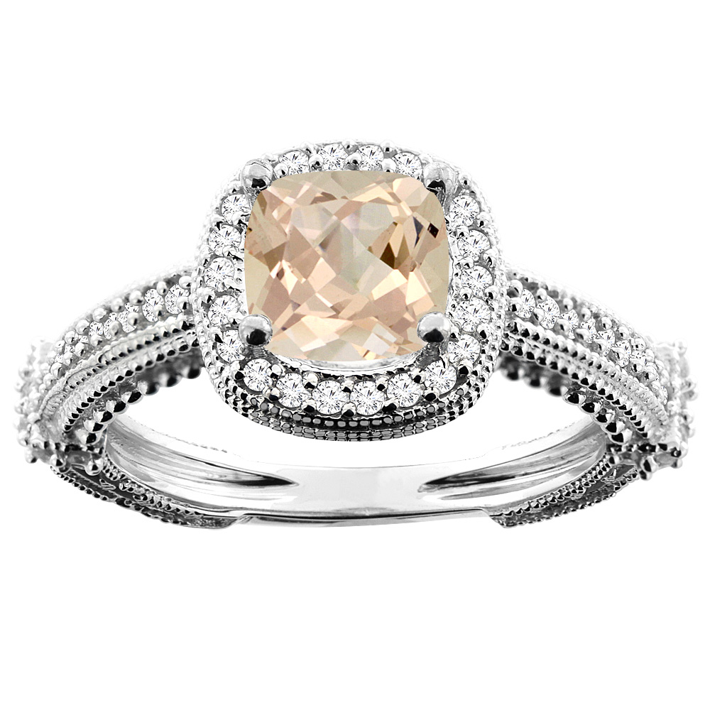 14K White/Yellow/Rose Gold Natural Morganite Ring Cushion 7x7mm Diamond Accent, sizes 5 - 10