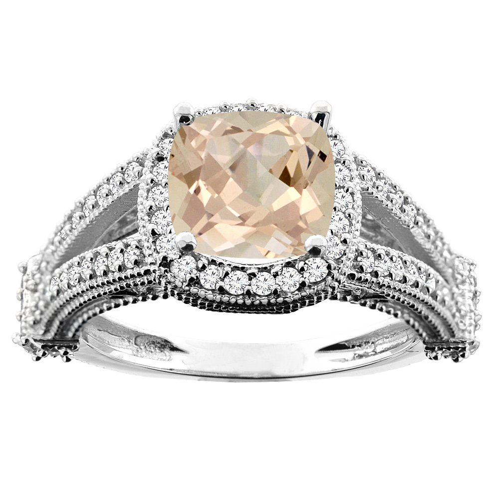 10K White/Yellow/Rose Gold Natural Morganite Split Shank Ring Cushion 7x7mm Diamond Accent, sizes 5 - 10