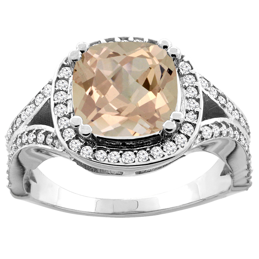 10K White/Yellow Gold Natural Morganite Split Ring Cushion 8x8mm Diamond Accent, sizes 5 - 10