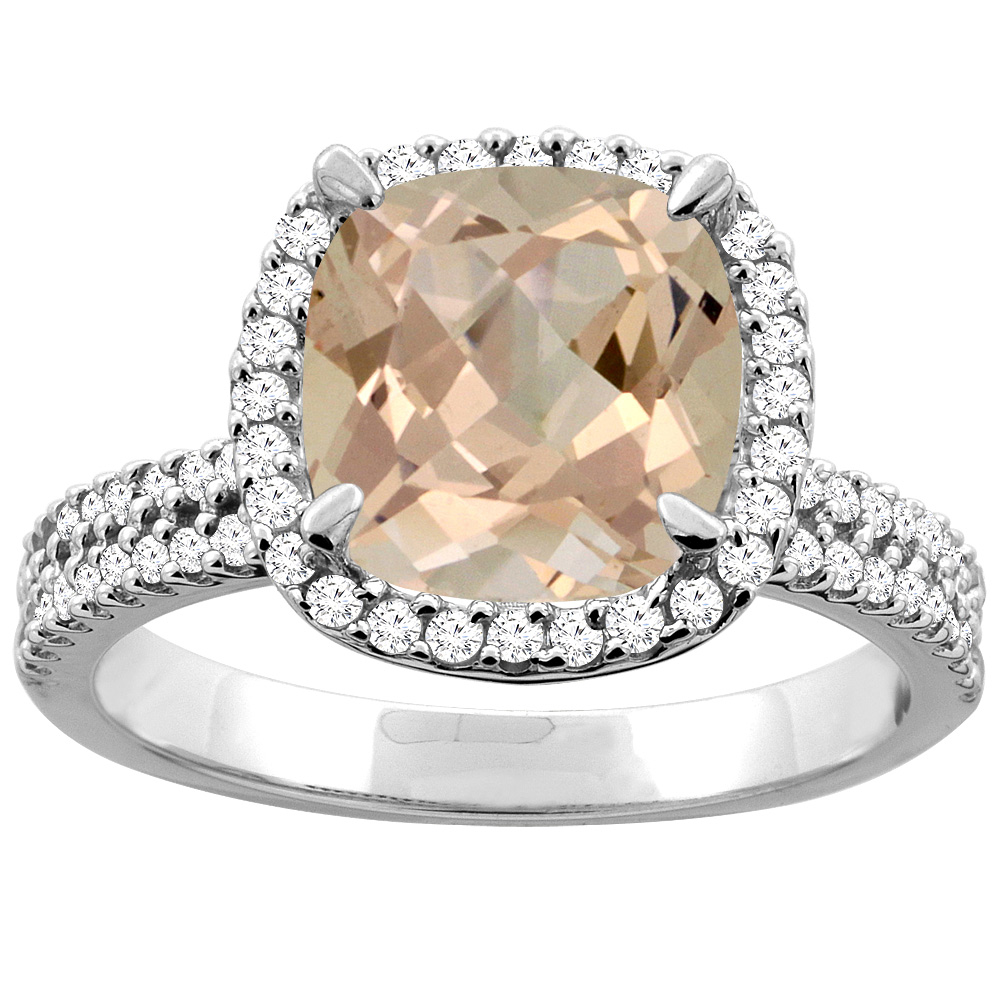 10K Yellow Gold Natural Morganite Halo Ring Cushion 9x9mm Diamond Accent, sizes 5 - 10