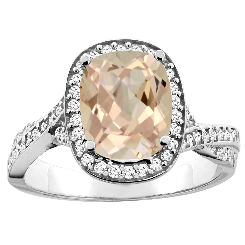 14K White/Yellow Gold Natural Morganite Halo Ring Cushion 9x7mm Diamond Accent, sizes 5 - 10