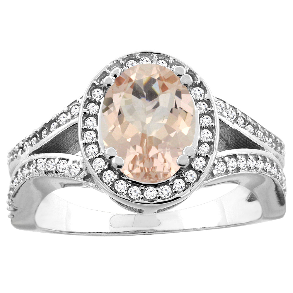 10K White/Yellow Gold Natural Morganite Split Ring Oval 8x6mm Diamond Accent, sizes 5 - 10