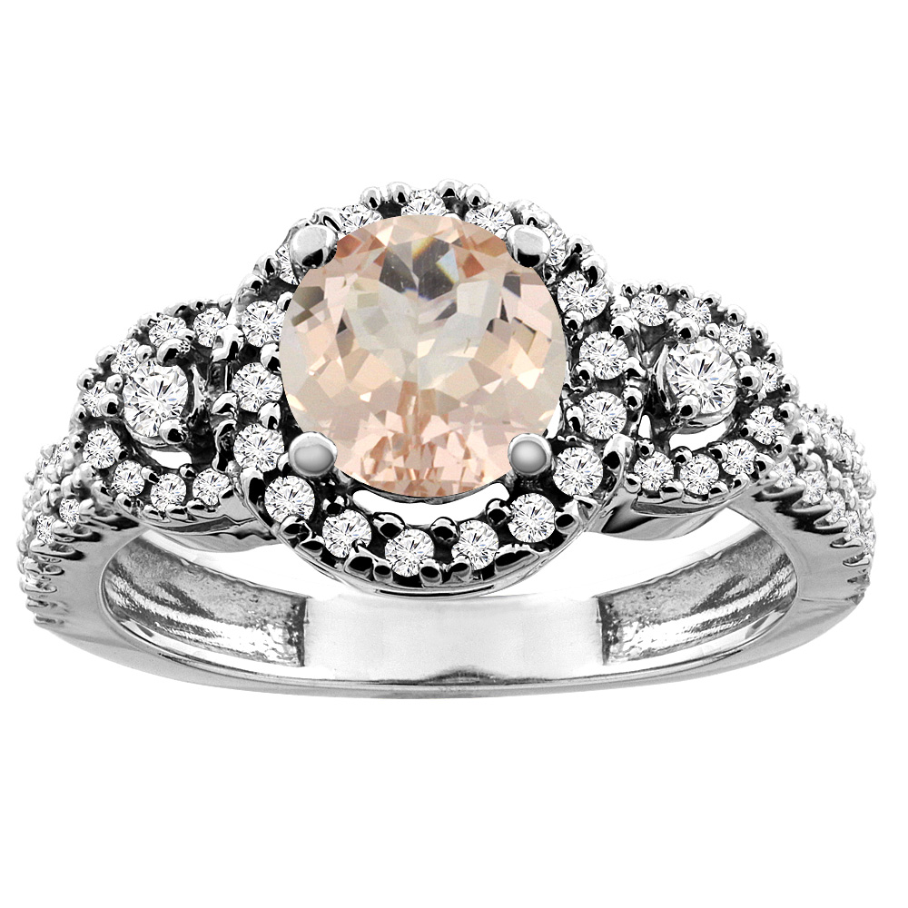 10K White/Yellow Gold Diamond Halo Natural Morganite Ring Round 6mm, sizes 5 - 10