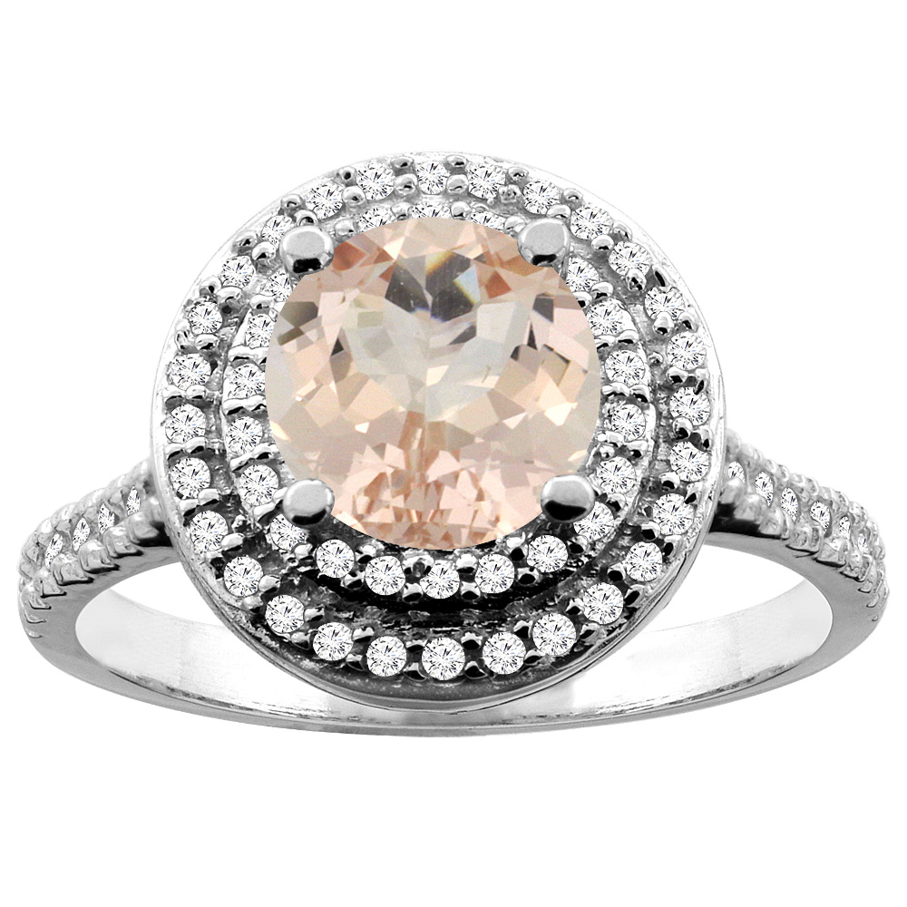 14K White/Yellow Gold Natural Morganite Double Halo Ring Round 7mm Diamond Accent, sizes 5 - 10