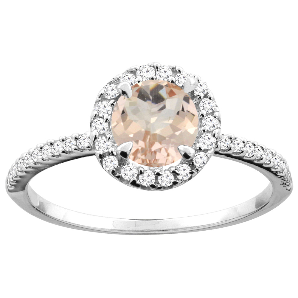 14K Gold Natural Morganite Ring Round 6mm Diamond Accents, sizes 5 - 10