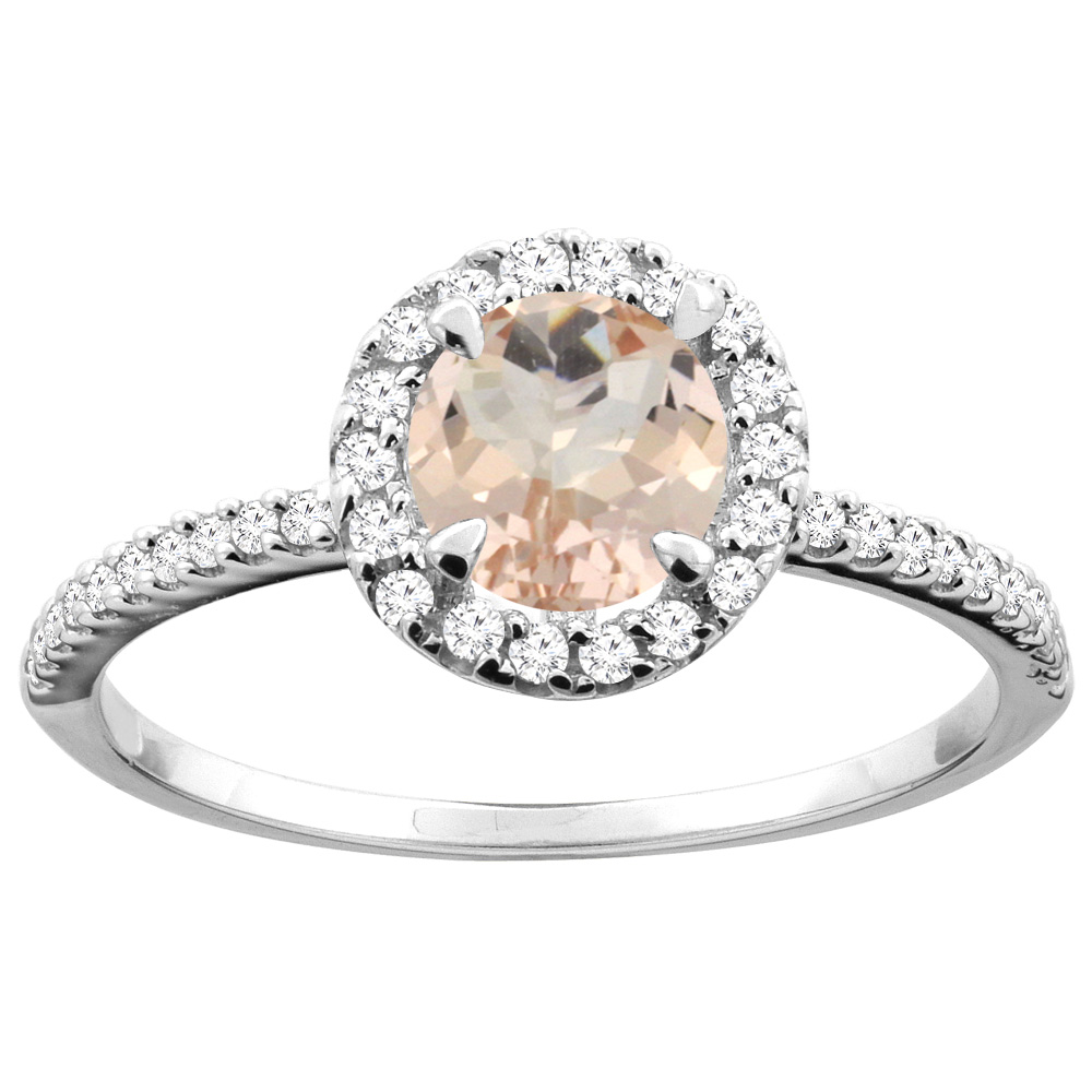 10K Yellow Gold Natural Morganite Ring Round 6mm Diamond Accents, sizes 5 - 10