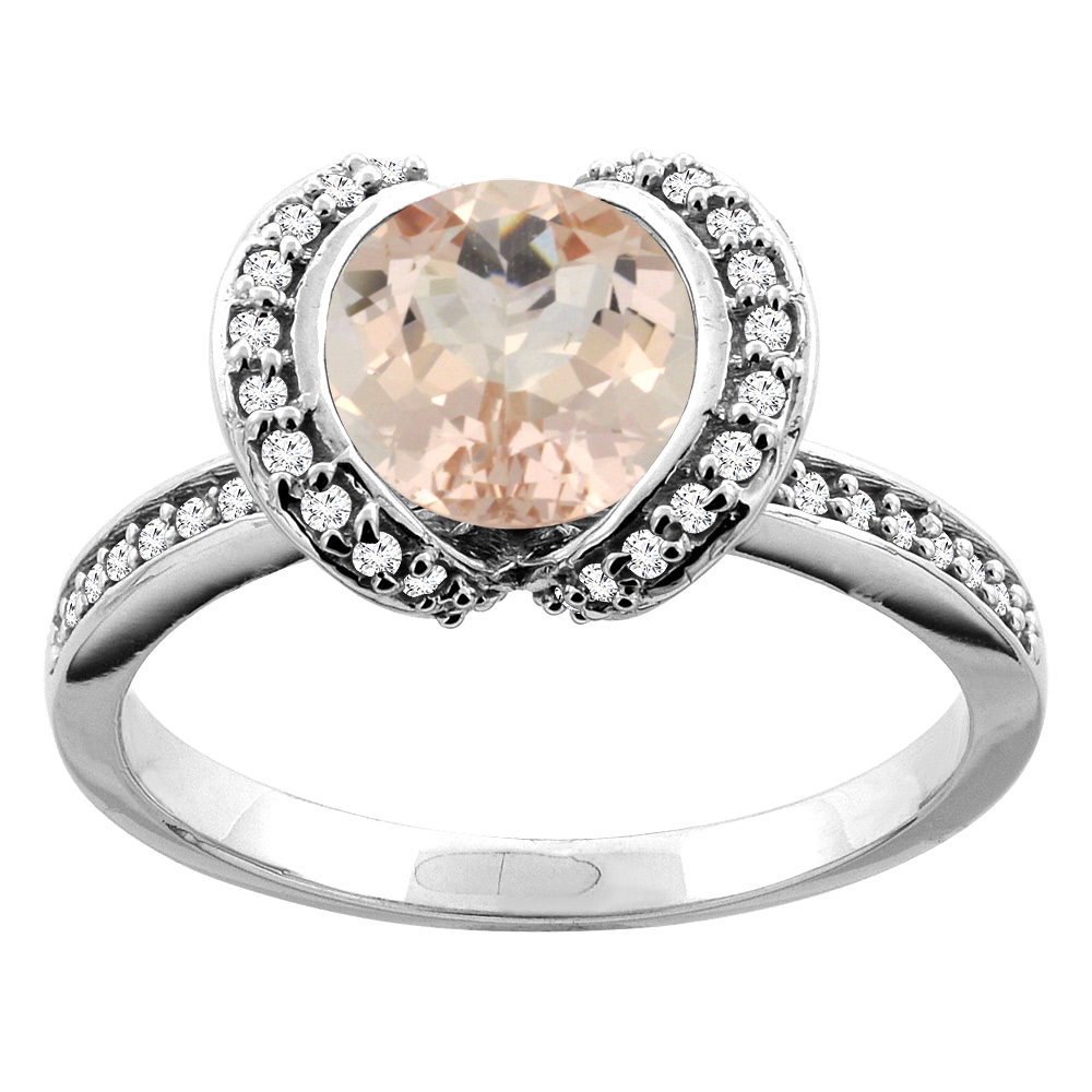 10K White/Yellow Gold Natural Morganite Ring Round 7mm Diamond Accent, sizes 5 - 10