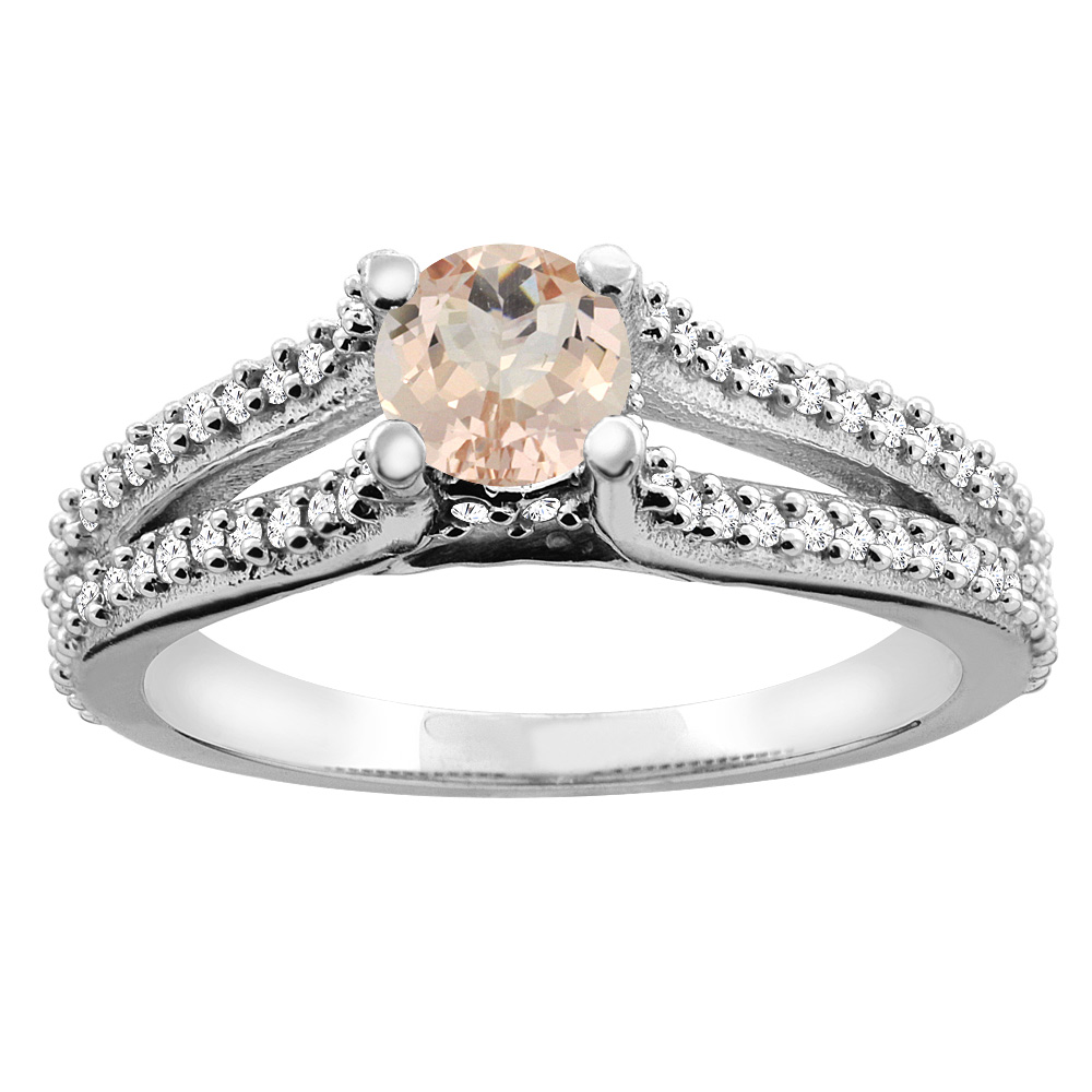 10K White Gold Natural Morganite Engagement Split Shank Ring Round 5mm Diamond Accents, sizes 5 - 10