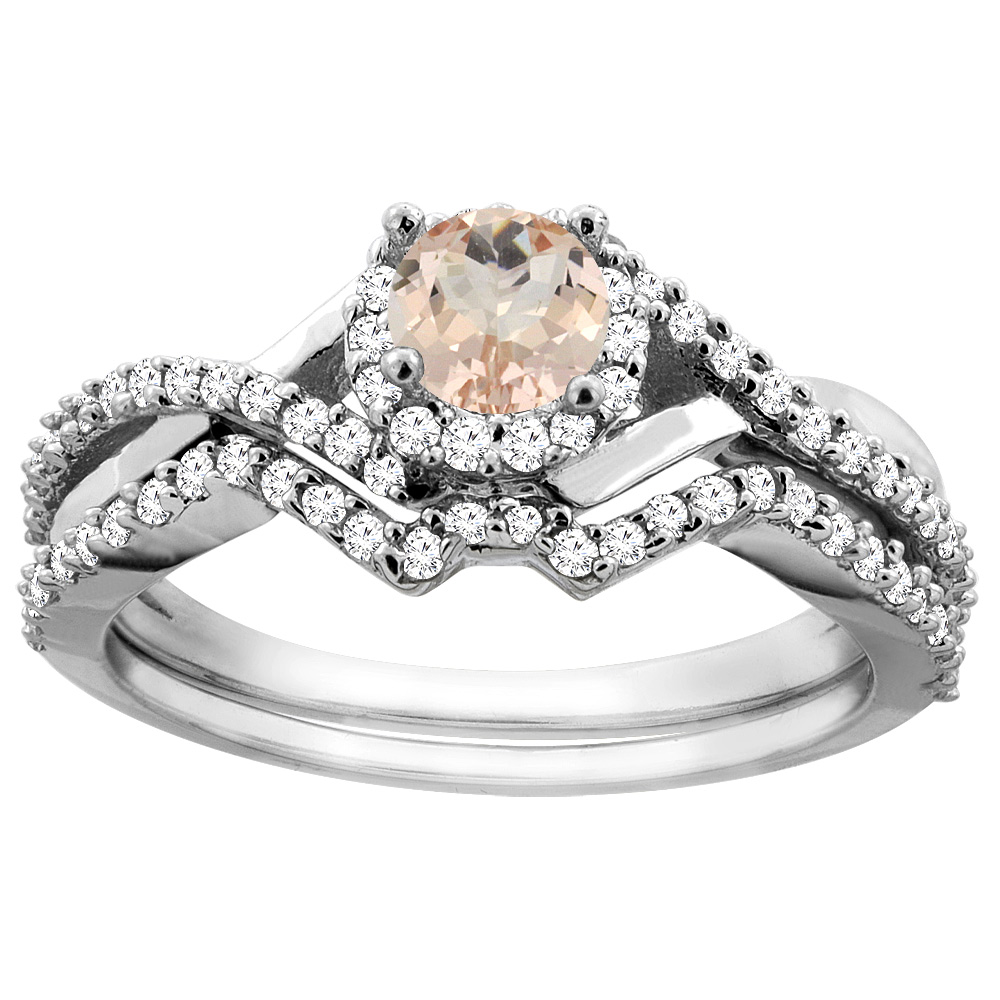 14K Gold Natural Morganite 2-piece Bridal Ring Set Round 5mm, sizes 5 - 10