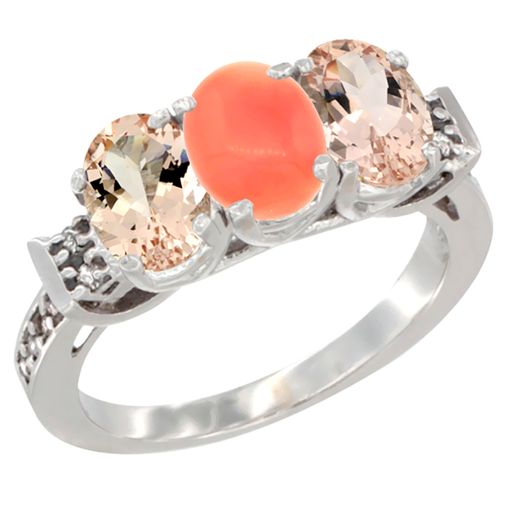 10K White Gold Natural Coral &amp; Morganite Sides Ring 3-Stone Oval 7x5 mm Diamond Accent, sizes 5 - 10