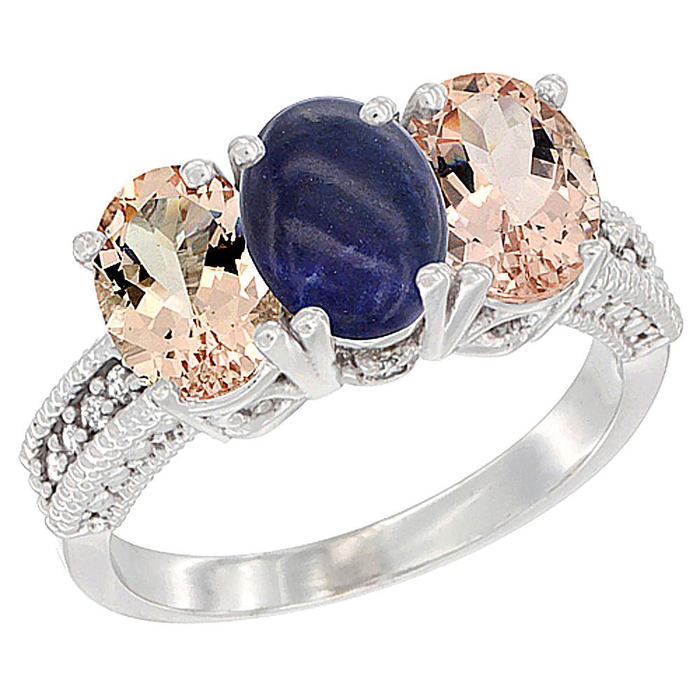 10K White Gold Natural Lapis & Morganite Sides Ring 3-Stone Oval 7x5 mm Diamond Accent, sizes 5 - 10