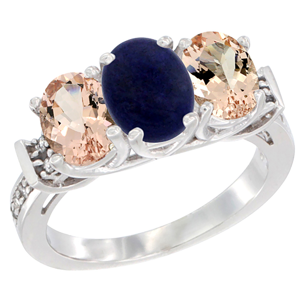 10K White Gold Natural Lapis & Morganite Sides Ring 3-Stone Oval Diamond Accent, sizes 5 - 10