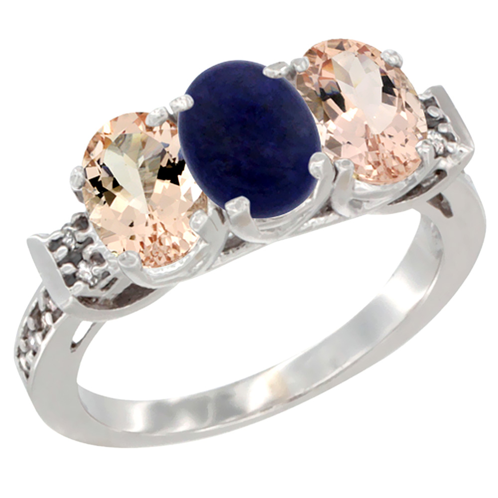 10K White Gold Natural Lapis & Morganite Sides Ring 3-Stone Oval 7x5 mm Diamond Accent, sizes 5 - 10