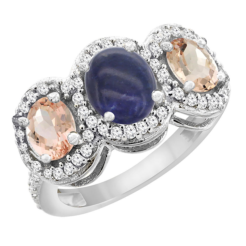 10K White Gold Natural Lapis & Morganite 3-Stone Ring Oval Diamond Accent, sizes 5 - 10