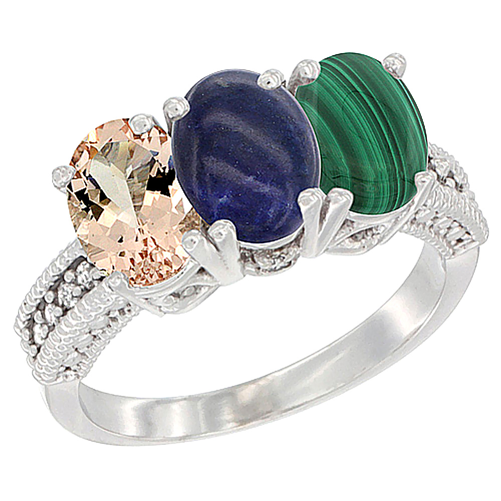 10K White Gold Natural Morganite, Lapis & Malachite Ring 3-Stone Oval 7x5 mm Diamond Accent, sizes 5 - 10