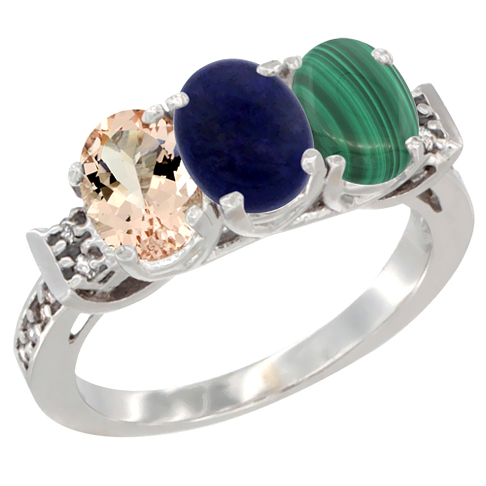 10K White Gold Natural Morganite, Lapis &amp; Malachite Ring 3-Stone Oval 7x5 mm Diamond Accent, sizes 5 - 10