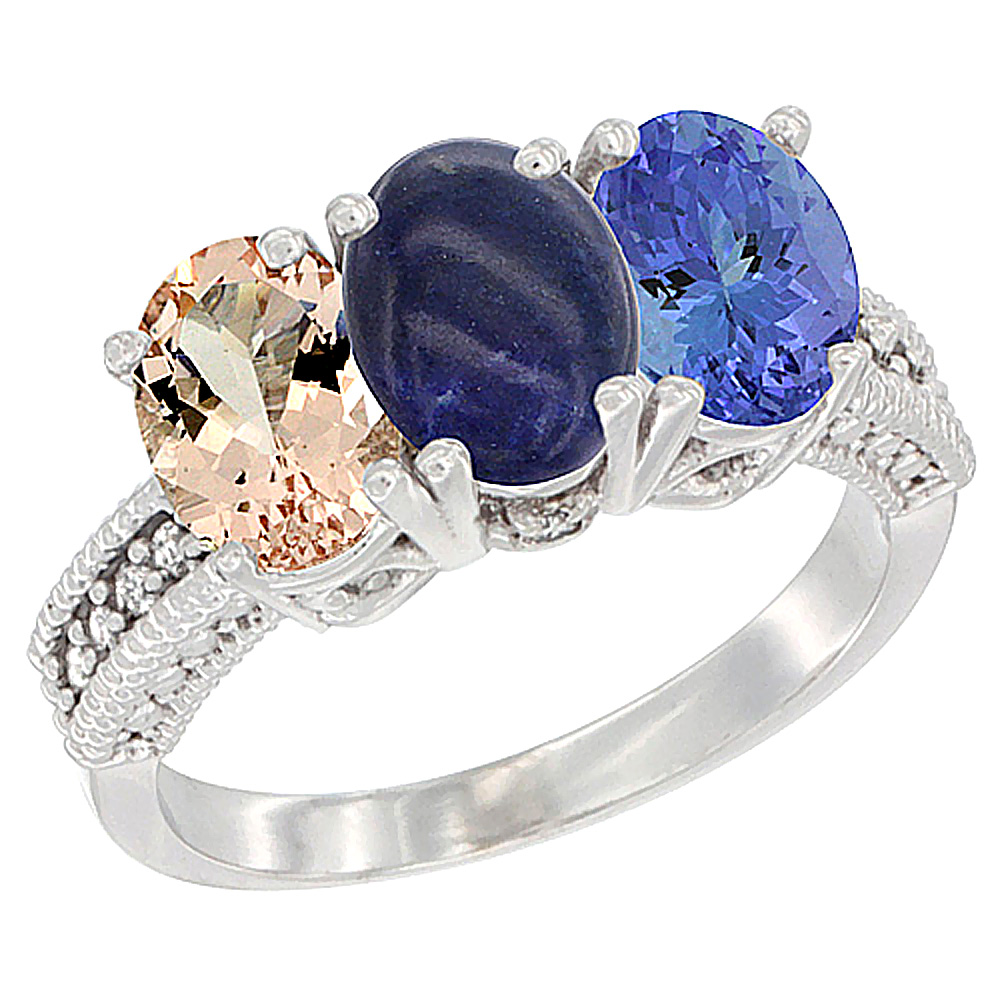 14K White Gold Natural Morganite, Lapis & Tanzanite Ring 3-Stone Oval 7x5 mm Diamond Accent, sizes 5 - 10