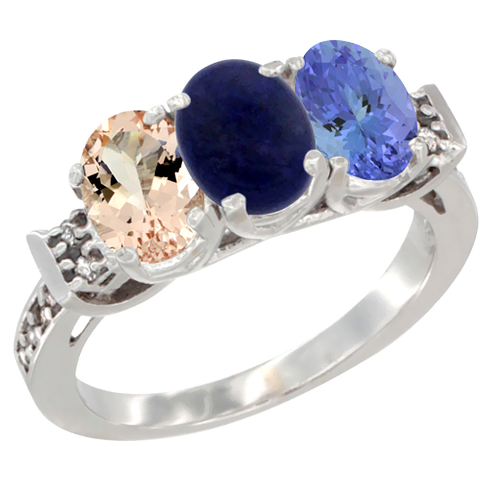 14K White Gold Natural Morganite, Lapis & Tanzanite Ring 3-Stone Oval 7x5 mm Diamond Accent, sizes 5 - 10