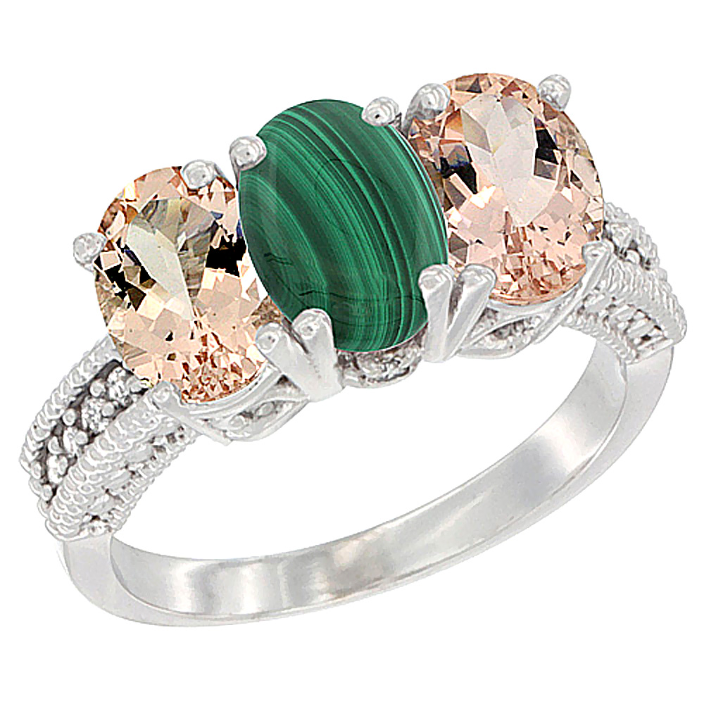 14K White Gold Natural Malachite & Morganite Sides Ring 3-Stone Oval 7x5 mm Diamond Accent, sizes 5 - 10