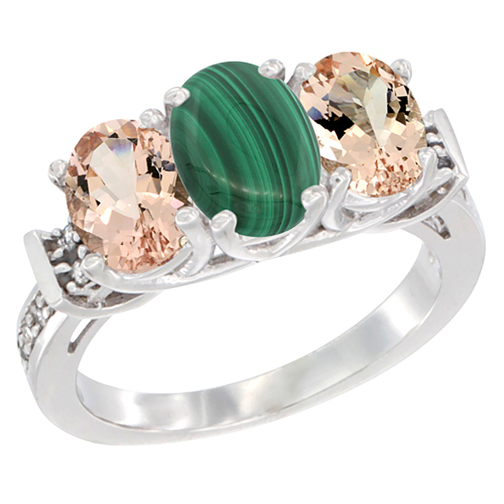 10K White Gold Natural Malachite & Morganite Sides Ring 3-Stone Oval Diamond Accent, sizes 5 - 10