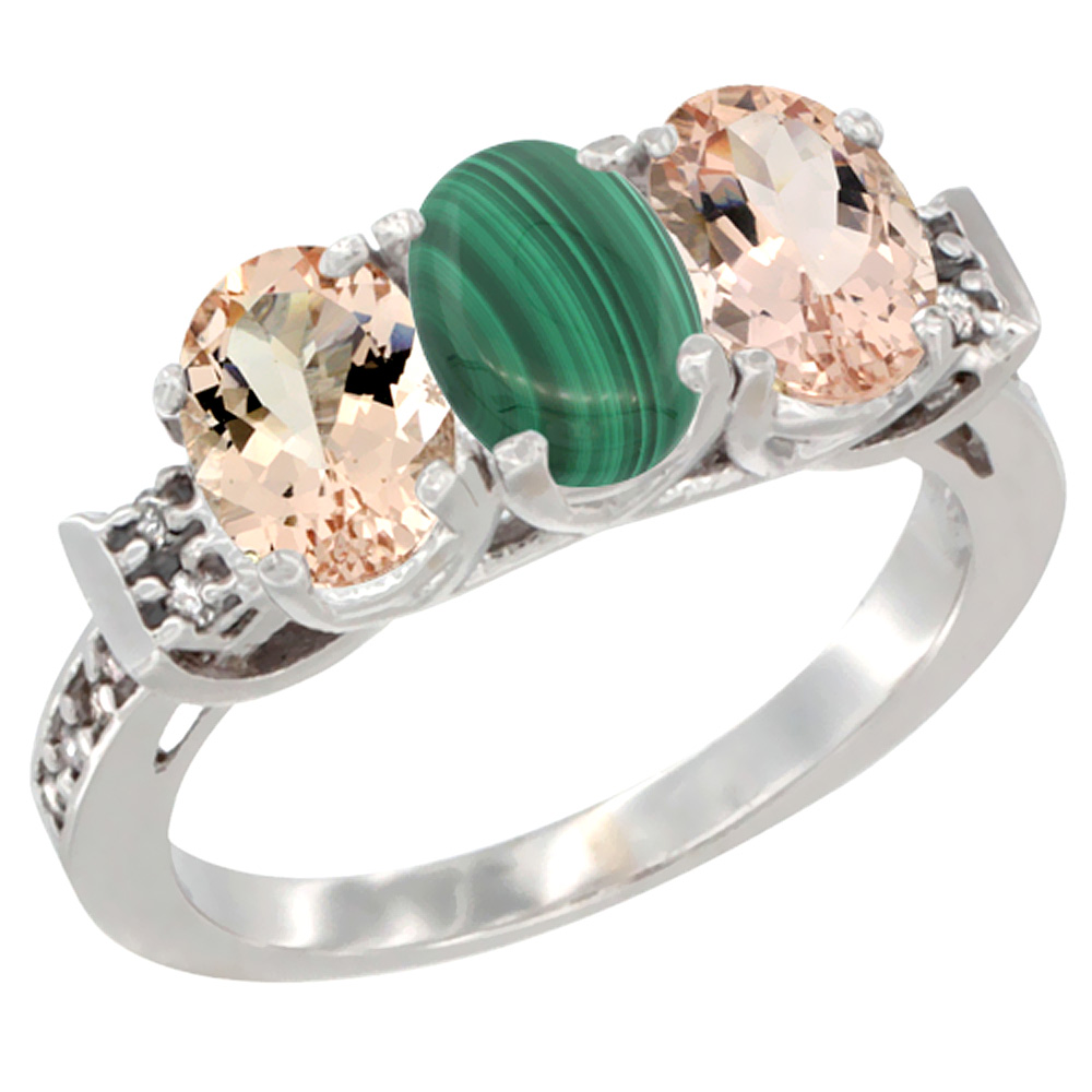 10K White Gold Natural Malachite & Morganite Sides Ring 3-Stone Oval 7x5 mm Diamond Accent, sizes 5 - 10