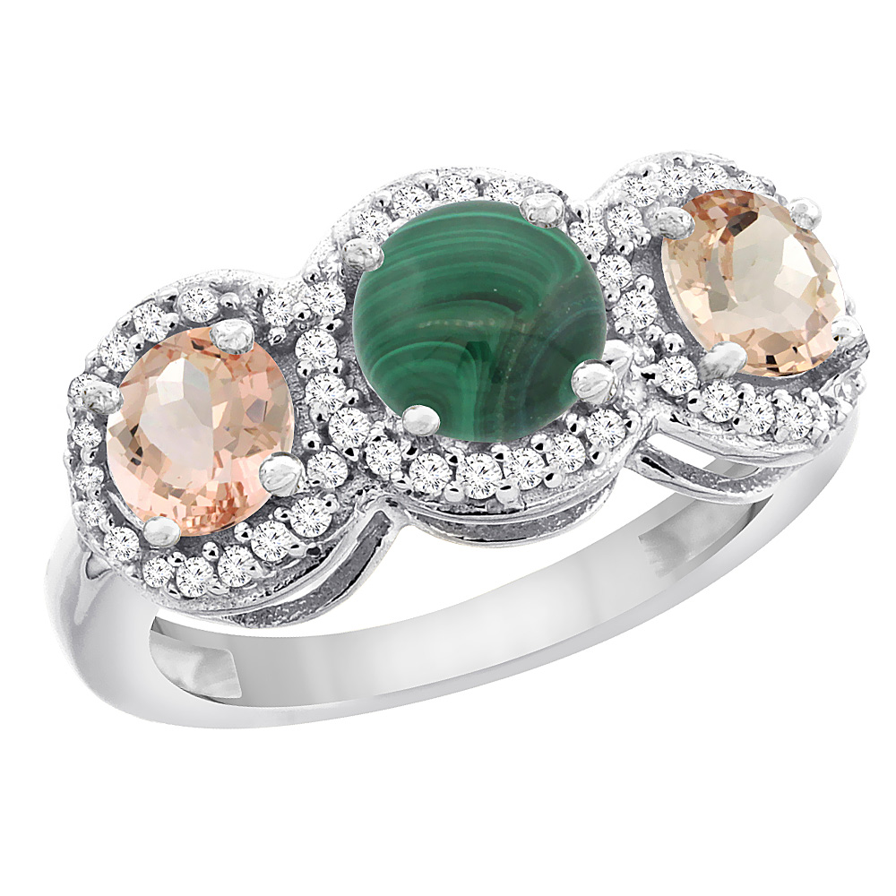 10K White Gold Natural Malachite & Morganite Sides Round 3-stone Ring Diamond Accents, sizes 5 - 10