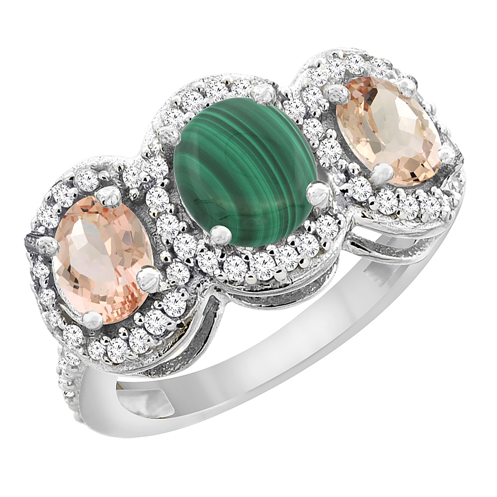 14K White Gold Natural Malachite &amp; Morganite 3-Stone Ring Oval Diamond Accent, sizes 5 - 10