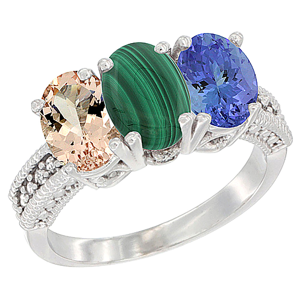 10K White Gold Natural Morganite, Malachite & Tanzanite Ring 3-Stone Oval 7x5 mm Diamond Accent, sizes 5 - 10