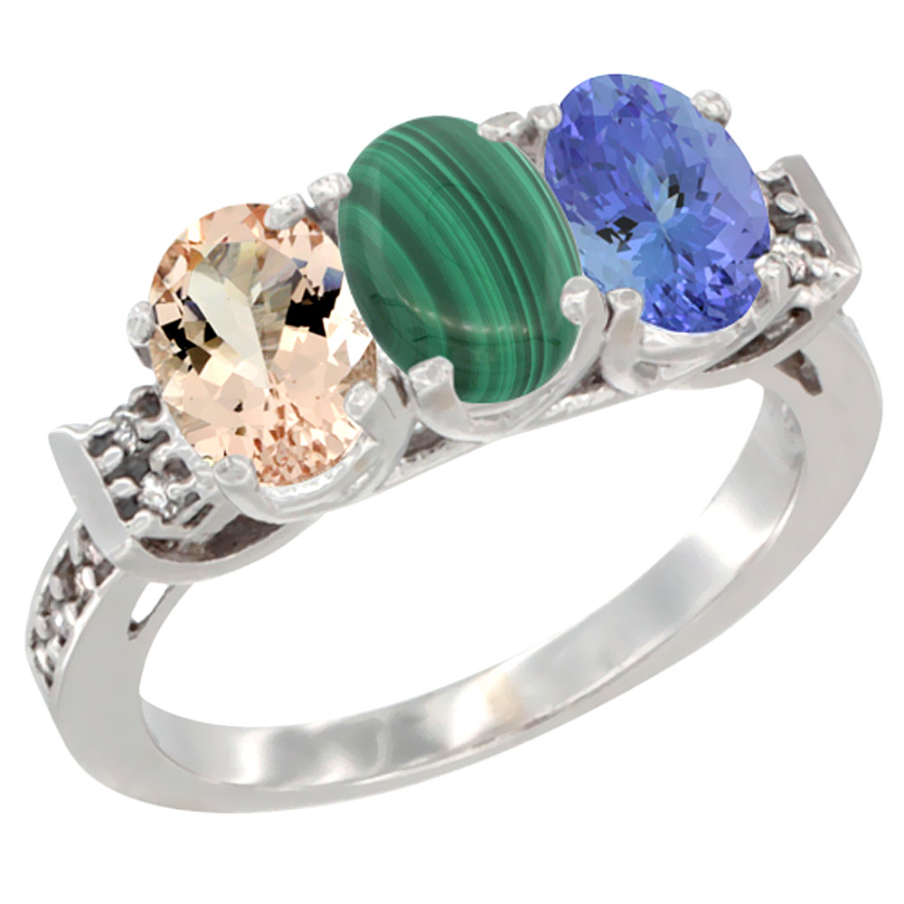 10K White Gold Natural Morganite, Malachite &amp; Tanzanite Ring 3-Stone Oval 7x5 mm Diamond Accent, sizes 5 - 10