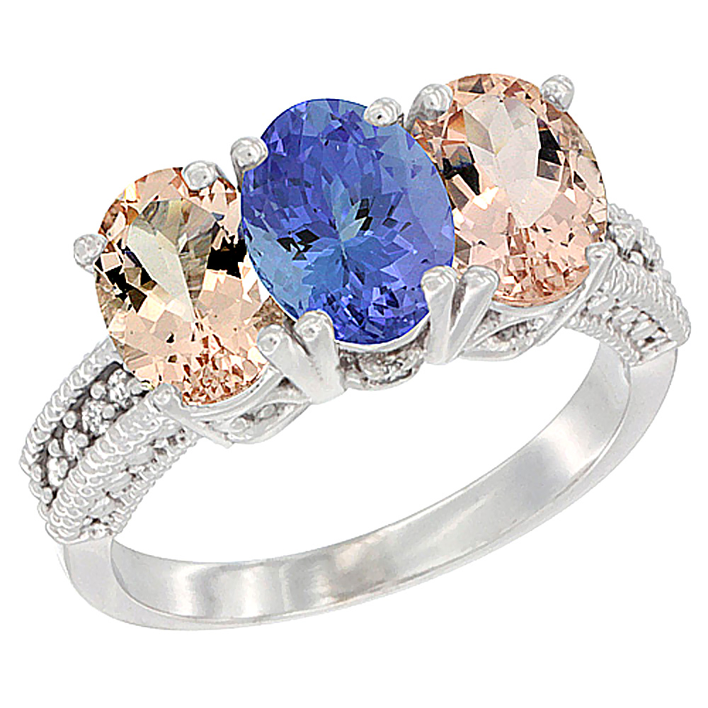 14K White Gold Natural Tanzanite & Morganite Sides Ring 3-Stone Oval 7x5 mm Diamond Accent, sizes 5 - 10