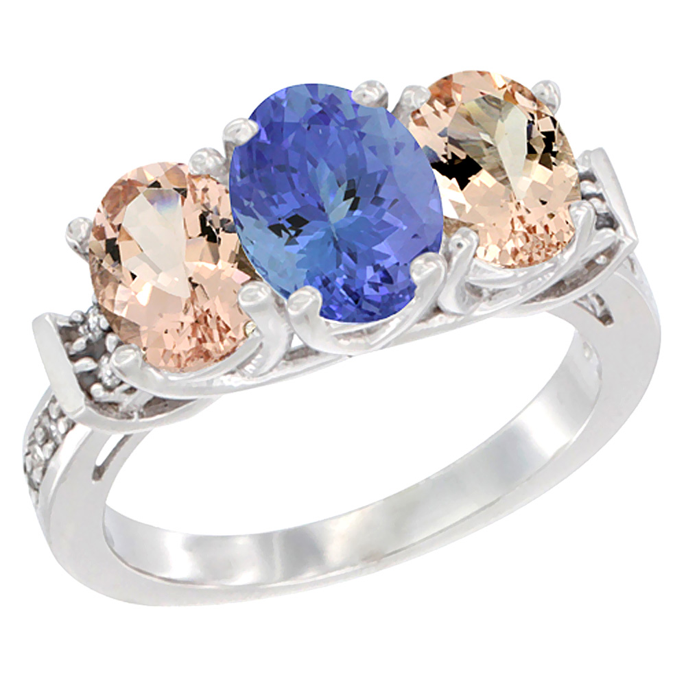 10K White Gold Natural Tanzanite & Morganite Sides Ring 3-Stone Oval Diamond Accent, sizes 5 - 10