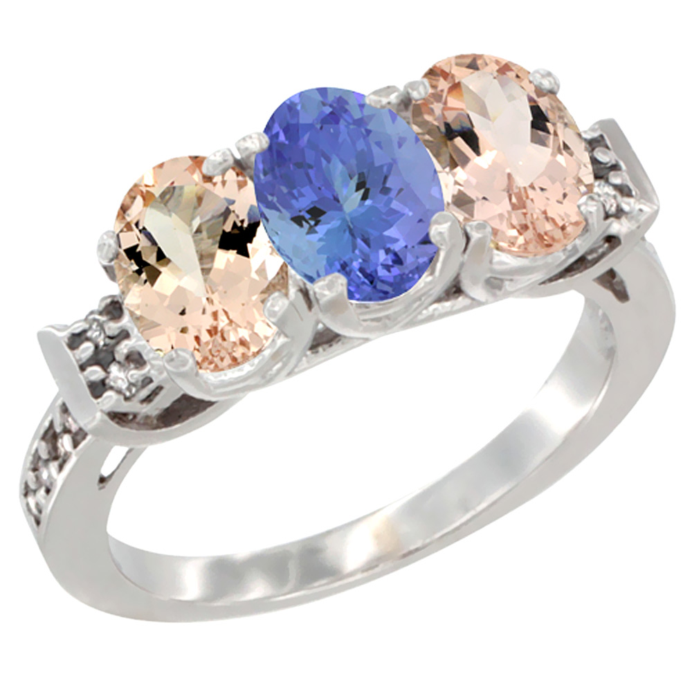 14K White Gold Natural Tanzanite & Morganite Sides Ring 3-Stone Oval 7x5 mm Diamond Accent, sizes 5 - 10