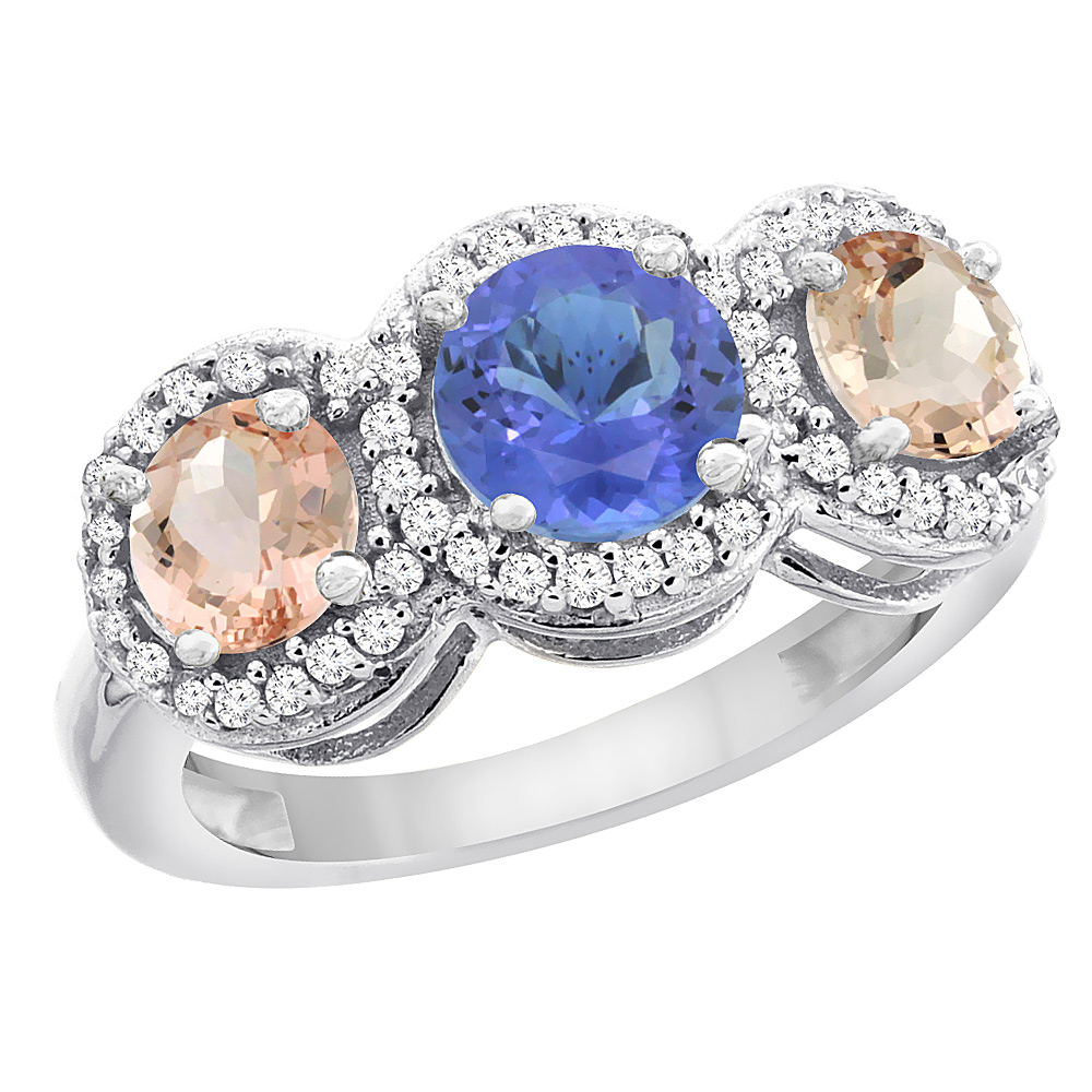 10K White Gold Natural Tanzanite & Morganite Sides Round 3-stone Ring Diamond Accents, sizes 5 - 10