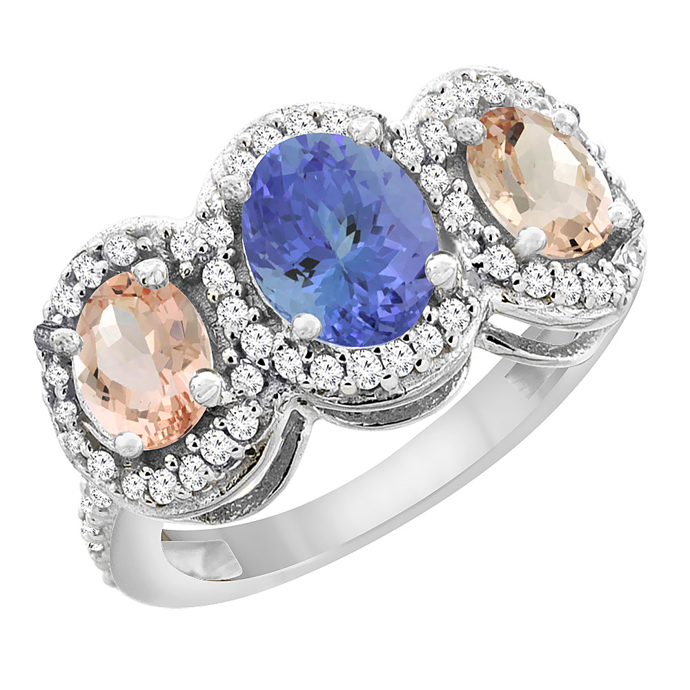 14K White Gold Natural Tanzanite & Morganite 3-Stone Ring Oval Diamond Accent, sizes 5 - 10