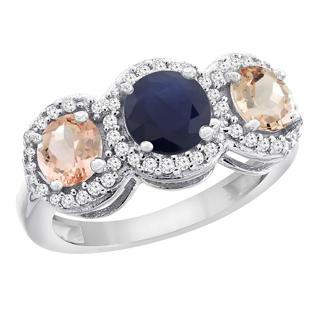 10K White Gold Natural High Quality Blue Sapphire &amp; Morganite Sides Round 3-stone Ring Diamond Accents, sizes 5 - 10