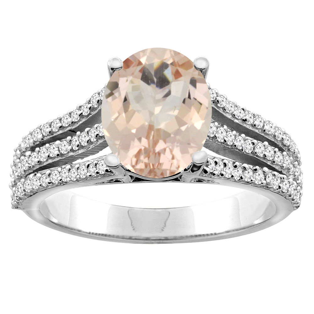 10K White/Yellow Gold Natural Morganite Tri-split Ring Oval 9x7mm Diamond Accents, sizes 5 - 10