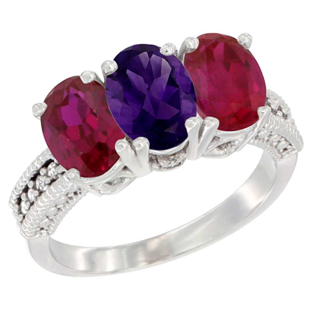 14K White Gold Natural Amethyst &amp; Enhanced Ruby Sides Ring 3-Stone Oval 7x5 mm Diamond Accent, sizes 5 - 10