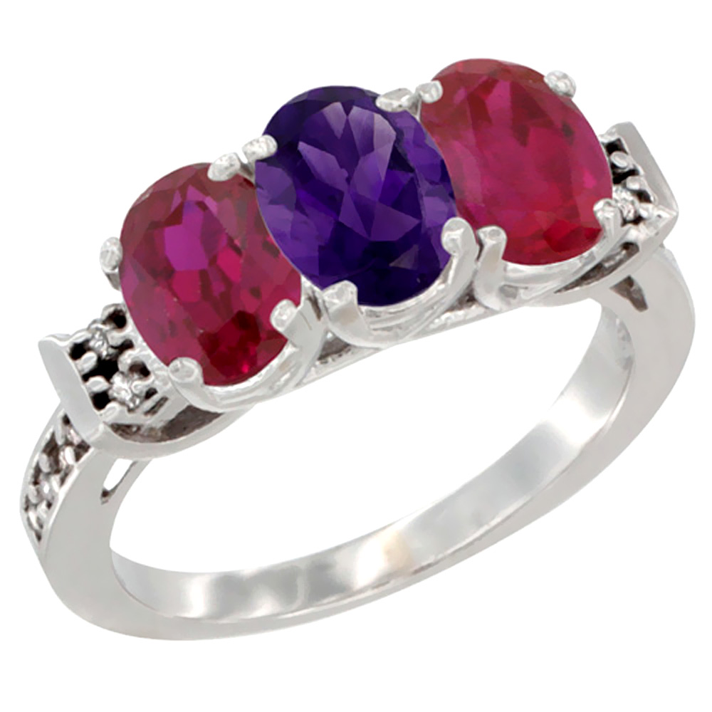 14K White Gold Natural Amethyst & Enhanced Ruby Sides Ring 3-Stone Oval 7x5 mm Diamond Accent, sizes 5 - 10