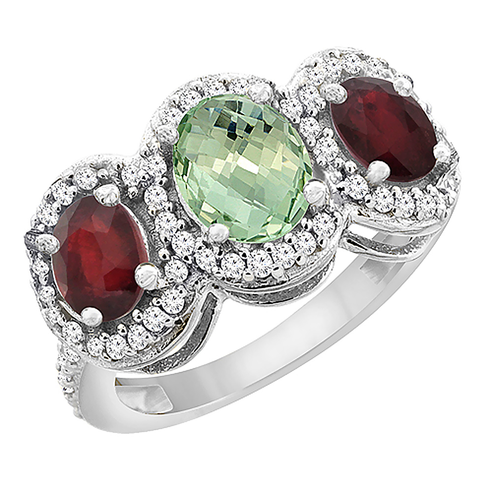 10K White Gold Natural Green Amethyst &amp; Enhanced Ruby 3-Stone Ring Oval Diamond Accent, sizes 5 - 10