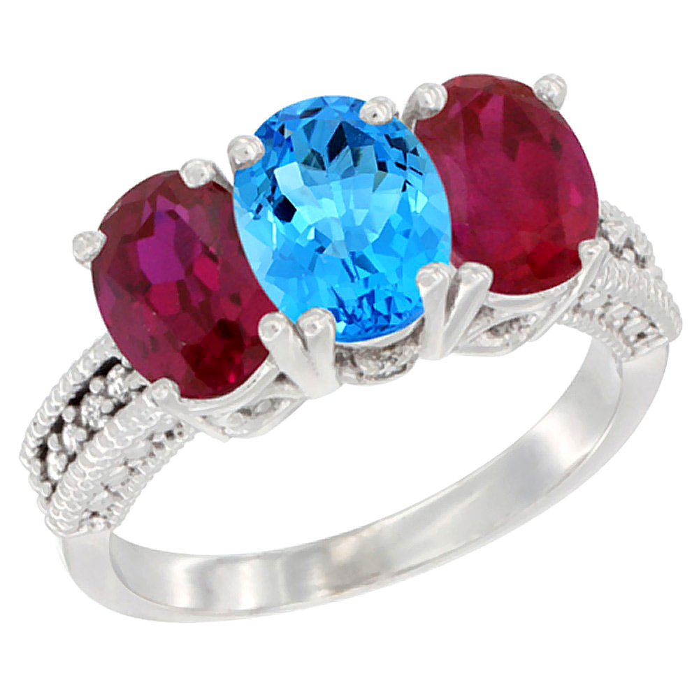 14K White Gold Natural Swiss Blue Topaz & Enhanced Ruby Sides Ring 3-Stone Oval 7x5 mm Diamond Accent, sizes 5 - 10