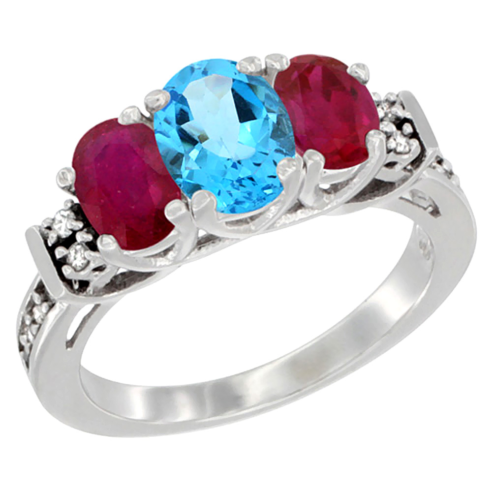 14K White Gold Natural Swiss Blue Topaz &amp; Enhanced Ruby Ring 3-Stone Oval Diamond Accent, sizes 5-10