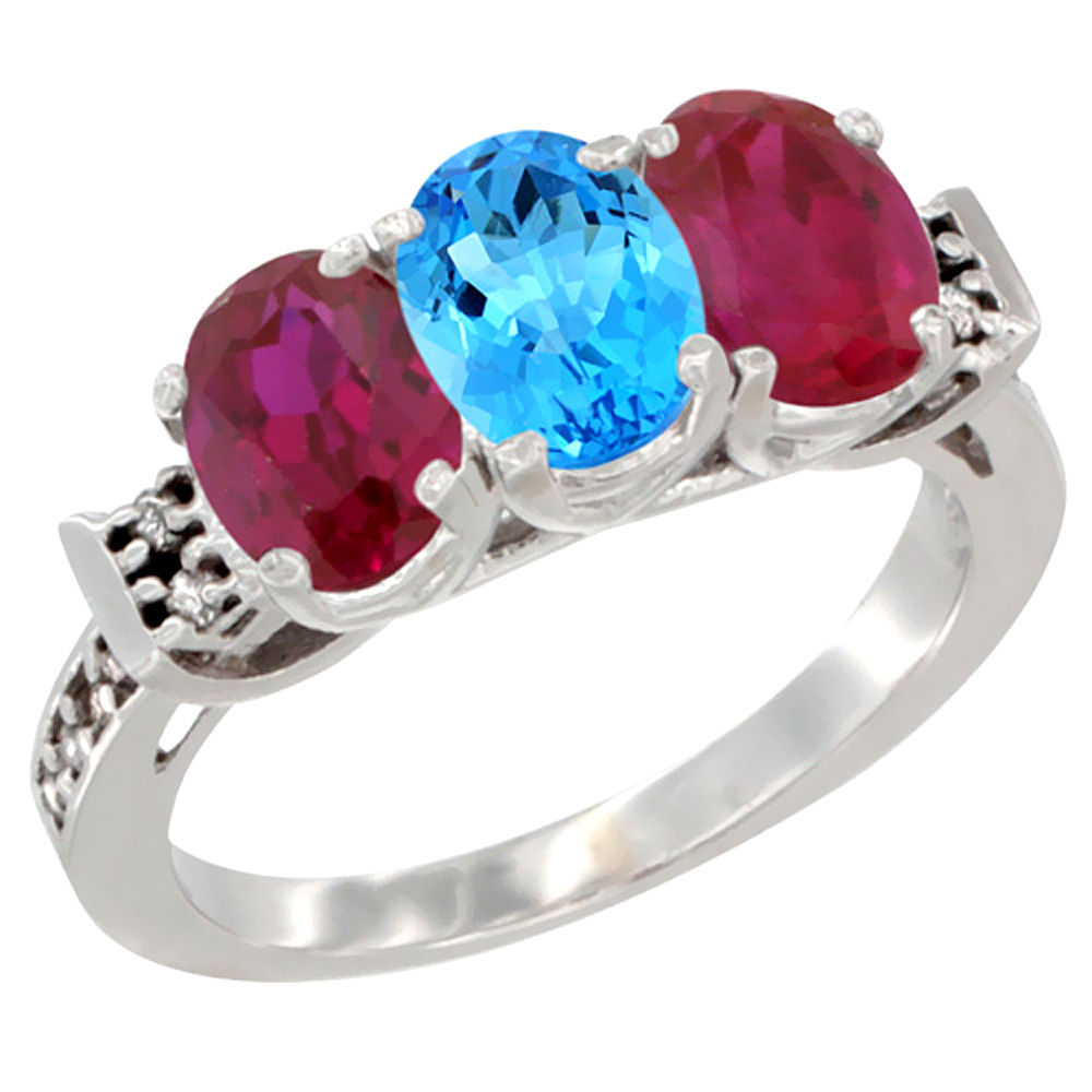 10K White Gold Natural Swiss Blue Topaz & Enhanced Ruby Sides Ring 3-Stone Oval 7x5 mm Diamond Accent, sizes 5 - 10