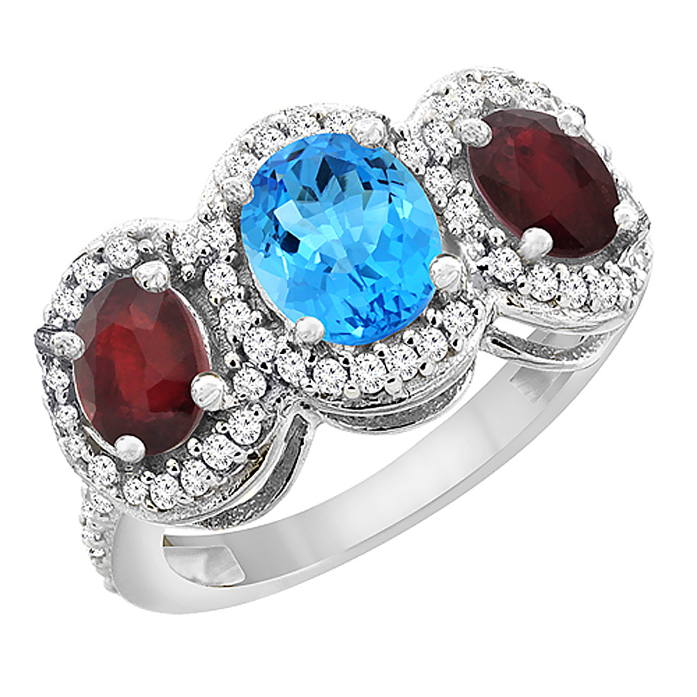 14K White Gold Natural Swiss Blue Topaz &amp; Enhanced Ruby 3-Stone Ring Oval Diamond Accent, sizes 5 - 10