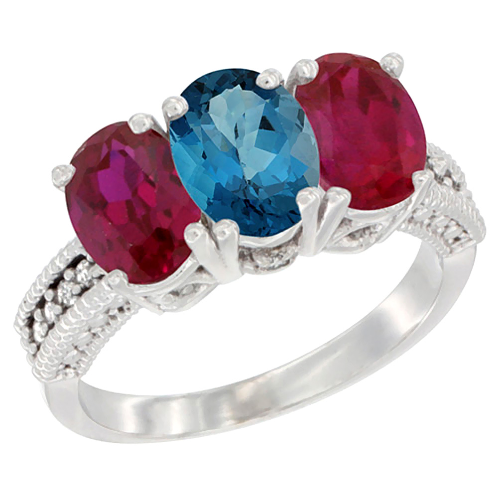 10K White Gold Natural London Blue Topaz & Enhanced Ruby Sides Ring 3-Stone Oval 7x5 mm Diamond Accent, sizes 5 - 10