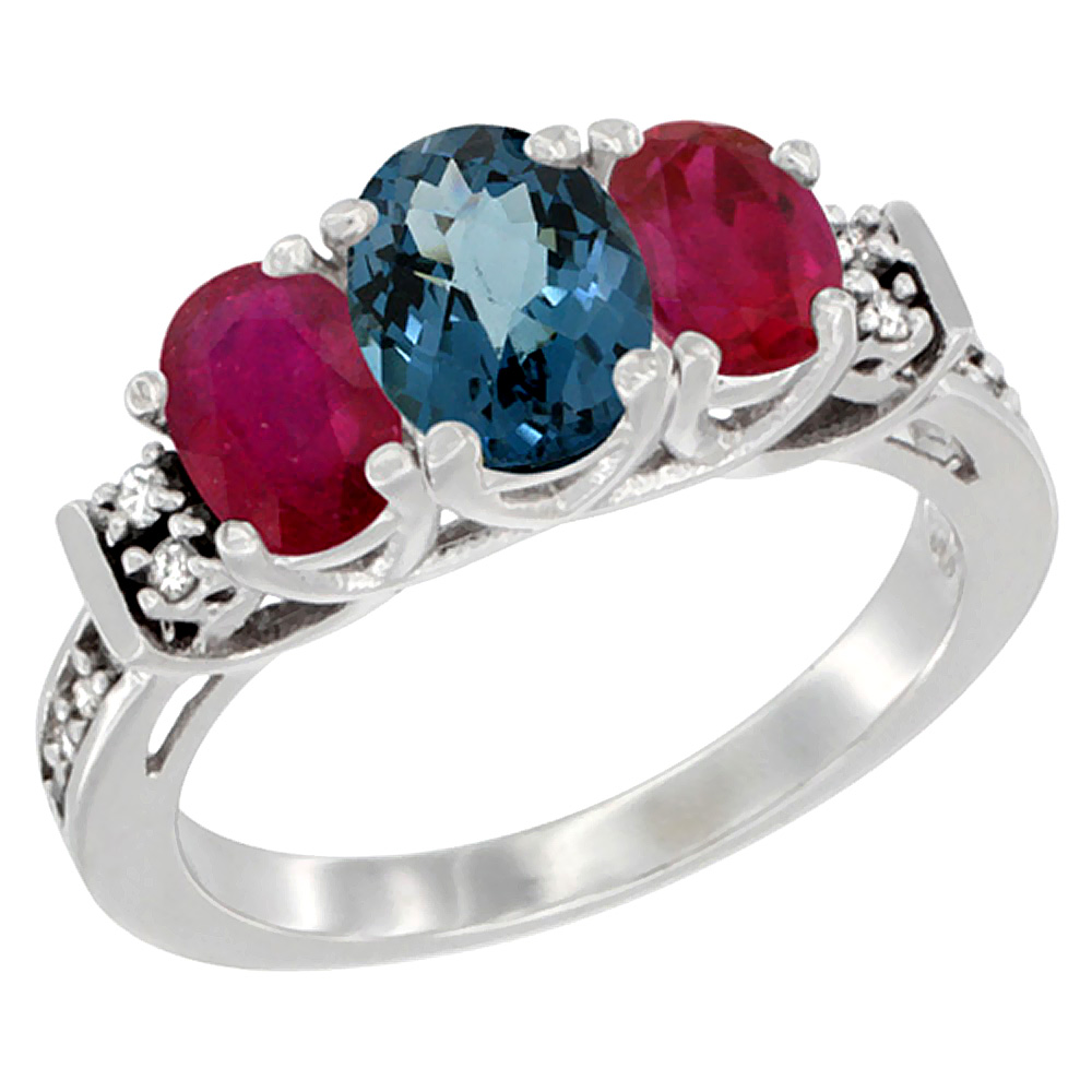 10K White Gold Natural London Blue Topaz &amp; Enhanced Ruby Ring 3-Stone Oval Diamond Accent, sizes 5-10